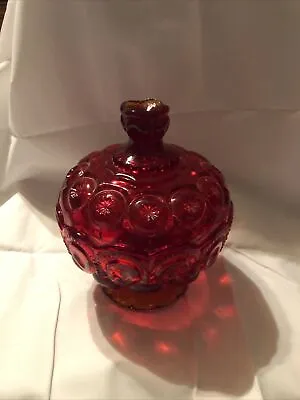 Le Smith Moon & Stars Ruby Red Amberina Glass Candy Jar Dish Cadmium Glow • $40