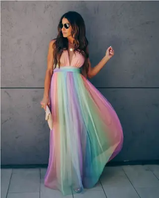 Dress Women's Dress Sexy Deep V Rainbow Mesh Sling Dress • £20.39