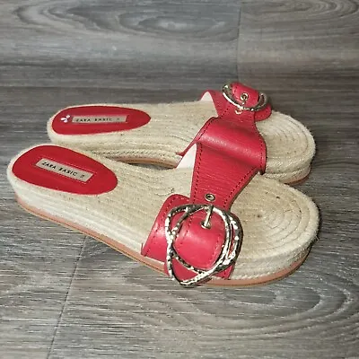 $11.99 • Buy Women’s ZARA Basic Red Leather Flat Espadrlle Sandals Slides Size 8.5 - 39