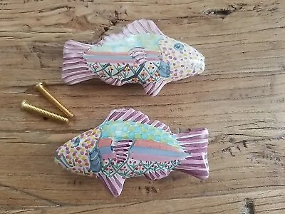 2 Mackenzie Childs Fish Knobs Pulls Purple Multi U.S.A. VTG 4.75  Each EUC • $69