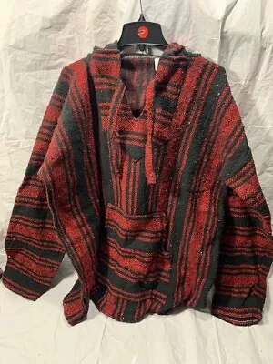 Artesanias Mexican Hoodie Poncho Mens XXL  Red Black Striped Baja Nice!! • $24.74