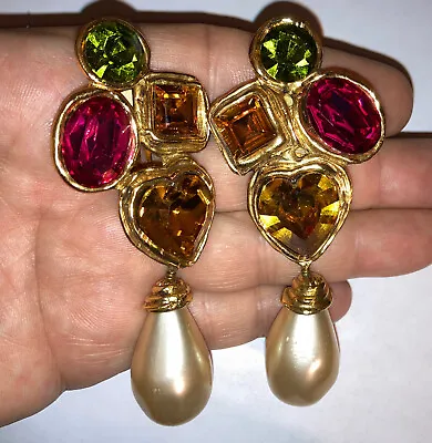 Rare Big 3.5” Vintage Christian Lacroix Faux Pearls Multi Stones Runway Earrings • $1500