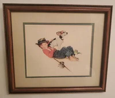 Vintage Norman Rockwell Lithograph Boy And His Dog Go Fishing - Matted & Framed  • $13.50