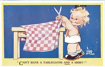Mabel Lucie Attwell Postcard - Make A Shirt From A Tablecloth Girl Scissors • £1.99