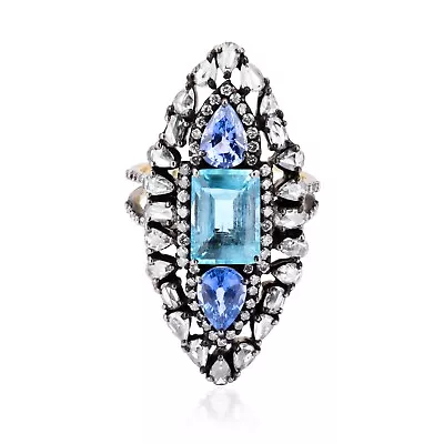 Victorian 6.4 Carat T.W Aquamarine Blue Sapphire And Diamond Cluster Ring • $970