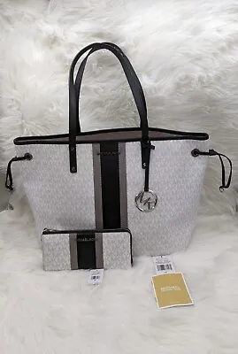 Michael Kors Large Tote Bright White And Blue Jet Set Monogram With Wallet. • $300.99