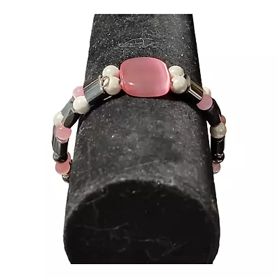 Magnetite Gun Metal White Pink Cats Eye Hematite Double Strand Therapy Bracelet • $18