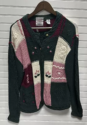 Cape Isle Knitters Hand Knitted Cardigan Floral Green Pink Fall Sweater Large • £28.92