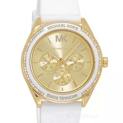 Michael Kors Jessa Womens Glitz Watch Gold Dial White Silicone Band Crystals • $118.88