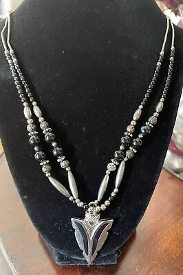 VINTAGE Double Strand Silver Tone Arrowhead Hematite & Onyx Necklace Pendant • $19.99