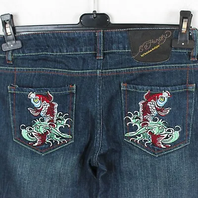 ED HARDY Koi Japanese Fish Embroidered Women W28 L34 Slim Denim Pants Trouser • $86.04
