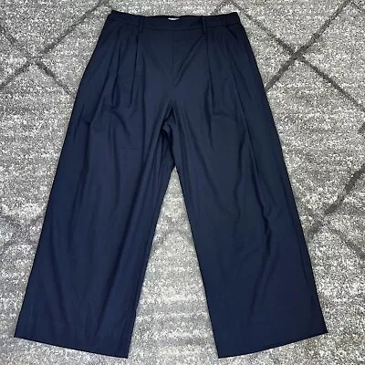 VINCE Sz L Pleat Front Cropped Wide Leg Pants Pull On Cotton Poplin Navy Blue • $50