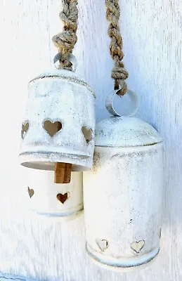 Vintage Home Decor STUNNING Washed White Hearts Metal Bell Set Wall Hang Art • $69