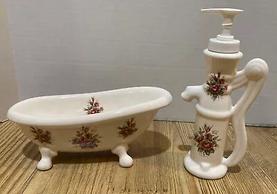 Athena 2 Piece Floral Bathroom Set Tub Soap Dish Hand Pump Soap Dispenser • $35