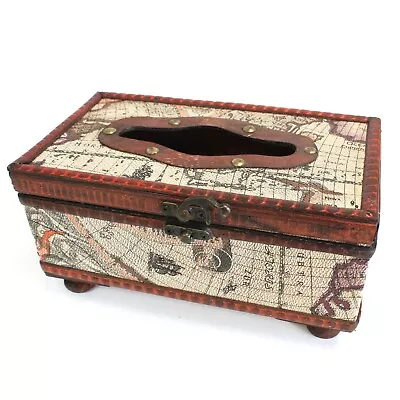 Wooden Box Handmade Cover Paper Napkin Holder Case Tissue Box MAP Style Chest • £11.50