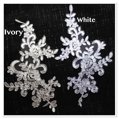 Bridal Lace Applique White Ivory Lace Trim Floral Coded Wedding Motif 2 Pieces • £3.95