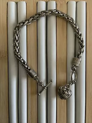 Old Vintage Solid Braided Sterling Silver Heart Charm Toggle Bracelet Signed • $29.95