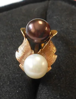 Vintage Double Pearl Black White 14K Yellow Gold Ring Size 7.25 Leaf Floral • $399