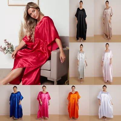 Women Plus Size Kaftan Satin Caftan Long Maxi Dress Kimono Sleeve Evening Gown • £9.99