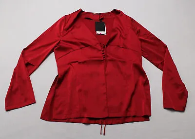 ZARA Women's Satin Effect Long Sleeve V-Neck Pajama Shirt CB7 Red Small NWT • $17.09