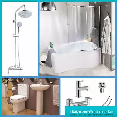 P Shaped Bathroom Suite 1700 Bath BTW Toilet WC Basin Taps & Shower Complete  • £579.95