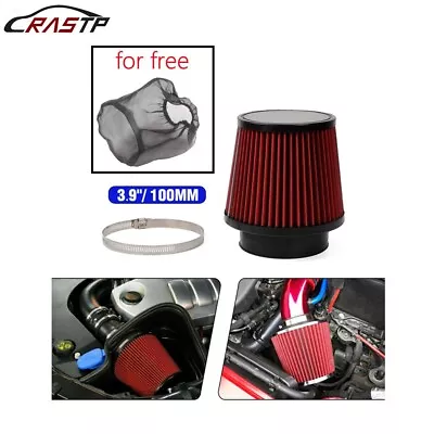 Red 4  100mm Dry Air Filter Inlet Cold Air Intake Cone+Air Filter Dust Cover • $18.28