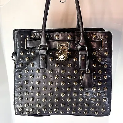 Michael Kors Satchel Handbag Hamilton Studded Black Leather Gold Hdwr 14 L 13 T • $47