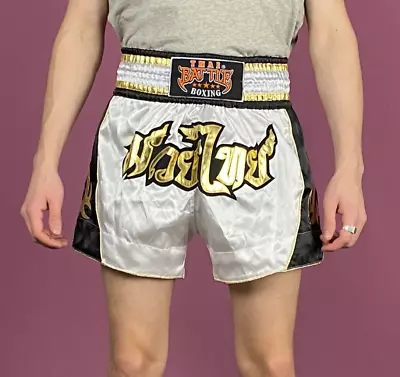 90s Battle Vintage Men's Muay Thai Boxing Shorts Size M White Kick Boxing MMA • $19