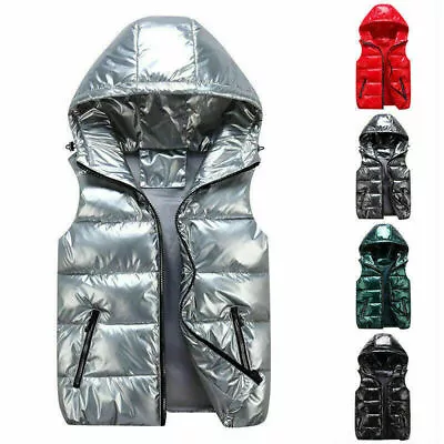 Mens Puffer Quilted Hooded Waistcoat Metallic Shiny Gilet Bubble Jacket Coat • $26.02