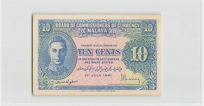MALAYA 10 Cents 1941 P-8 Crisp Original Paper EF+ Small Change Note  KGVI. B2 • $20