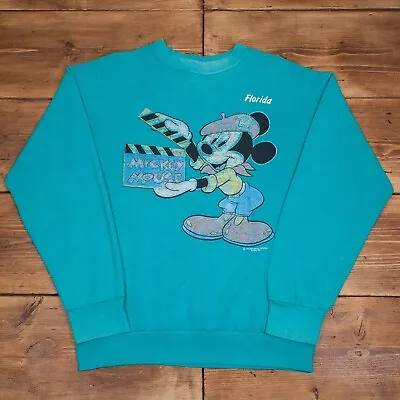 Vintage Mickey Mouse Disney Sweatshirt L 90s Teal Florida Graphic Print R25955 • £9.94