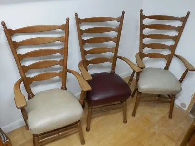 Chairs. Three Mid Century Solid Oak Carvers New Real Leather Covering. • £295