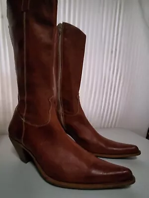 Vera Gomma Italian Leather Boots Western Cowgirl Brown Womens8.5 EU39 Pointy Toe • $148.26