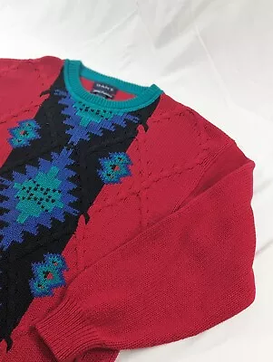 VTG GANT HAND INTARSIA Red Heavy Chunk Knit Aztec Southwestern Crewneck Large  • $40