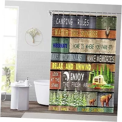  Camping Rules Shower Curtain Moose Head Bear Camper 48x72inch Brown Green • $24.64