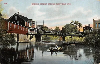 Mayville Wisconsin~Boating Under Bridge Street Camel Back Bridge~Mill~1912 PC • $5