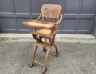 Oak Folding High Chair Stroller Collapsable Pressed Back Childs C1900 Antique #1 • $450