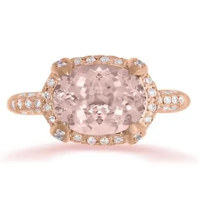 Natural Pink Morganite Oval Cut & Natural Diamond Ring 14K Rose Gold • $2377.25