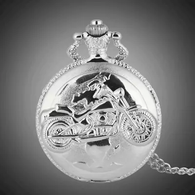 Retro Silvery Motorcycle Men Quartz Pocket Watch Stainless Steel Watch Holiday • $23.98