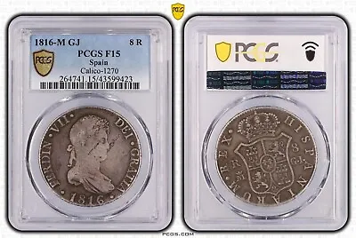 1816 Spain 8 Reales PCGS F15 Silver Coin Ferdinand VII M GJ Crown Gold Shield • £196.89