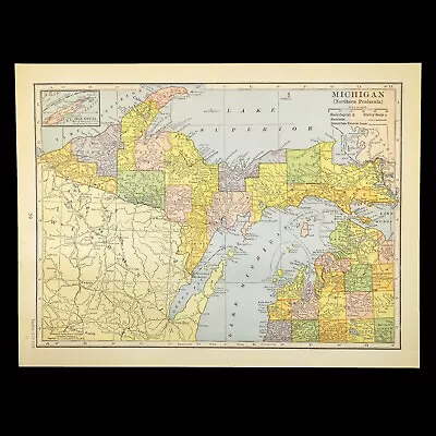 Vintage NORTHERN MICHIGAN Map Upper Peninsula Wall Art Decor 1920s Original • $12.95