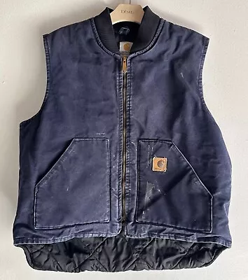 Vintage Men’s Carhartt Made In Usa Canvas Full Zip Logo Vest Black Size Xl Blue • $60