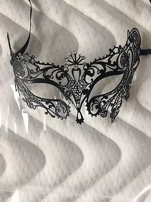 Black Metal Filigree Design Rhinestone Crystals  Womens Masquerade Ball Mask • £6.99