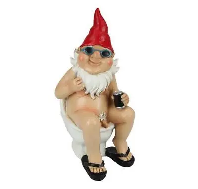 Garden Gnome Naked Nude Gnomes On Toilet Drinking Naughty Garden Ornament 25cm • $33.95