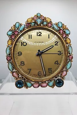 RARE Vintage Glass Rhinestone CYMA Original By Robert Swiss Alarm Clock WORKS!! • $229