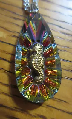 Vtg Iridescent Reverse Intaglio Seahorse Pendant Necklace Jewelry Germany Chain • $20