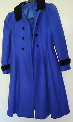 Stunning Sapphire Princess Coat Double Breasted Vintage Blue Wool Black Velvet S • $125