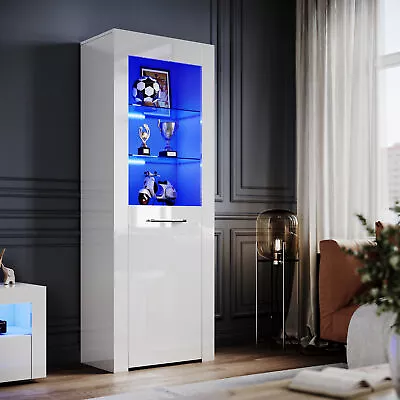 High Gloss White Display Cabinet Sideboard Cupboard Storage Door With LED Lights • £119.99