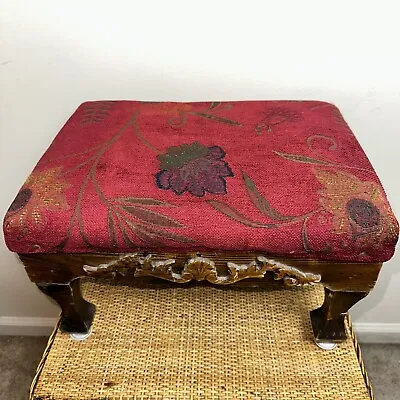 Vintage Mid Century Embroidered Carved Wood Floral Footstool Foot Rest Seat Red • $49.94
