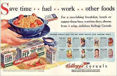 1943 WW2 Era Ad KELOGG'S VARIETY PACK 6 Cereals 10 Packs Wartime Breakfast070723 • $8.76